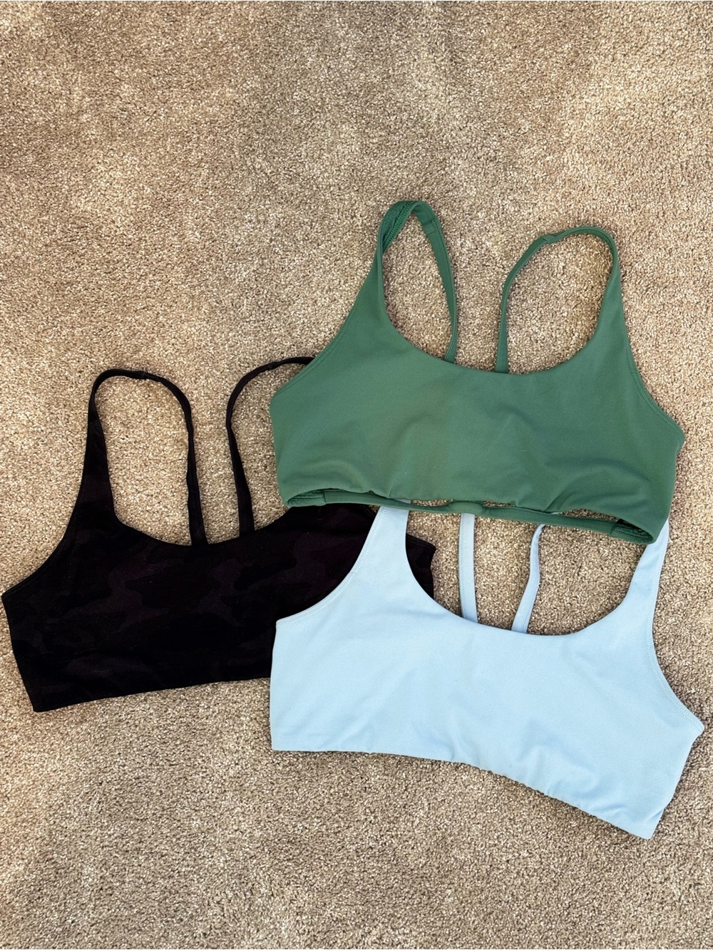 Vuori 3-Pack Yosemite Scoop Bralettes - Black Camo, Sage Green, Light Blue